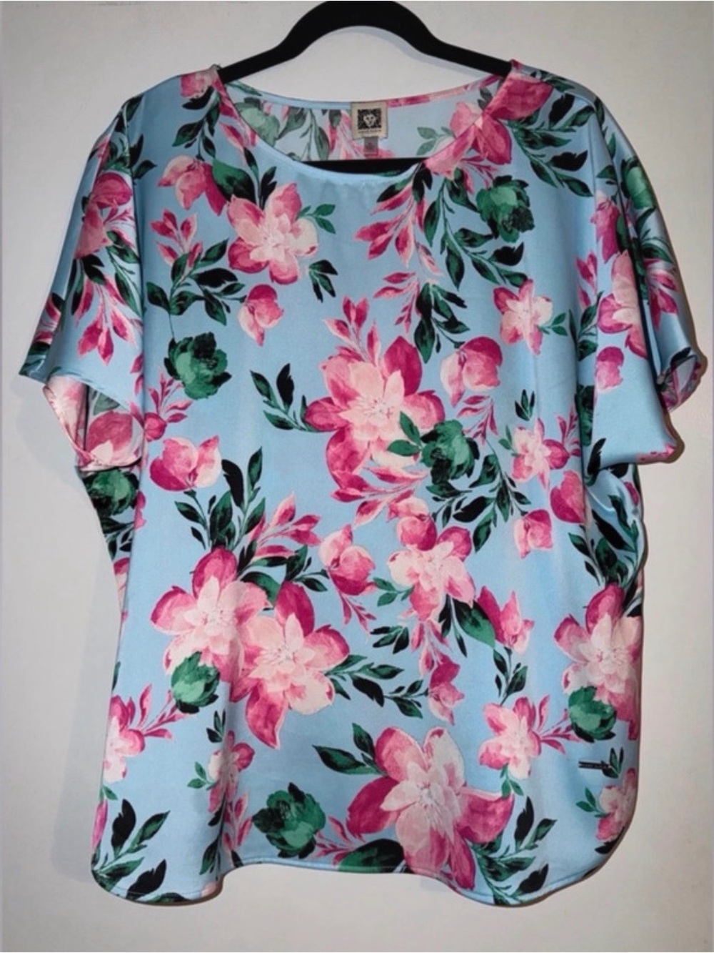 Anne Klein Floral Print Short Sleeve Blouse - Pink Floral on Light Blue
